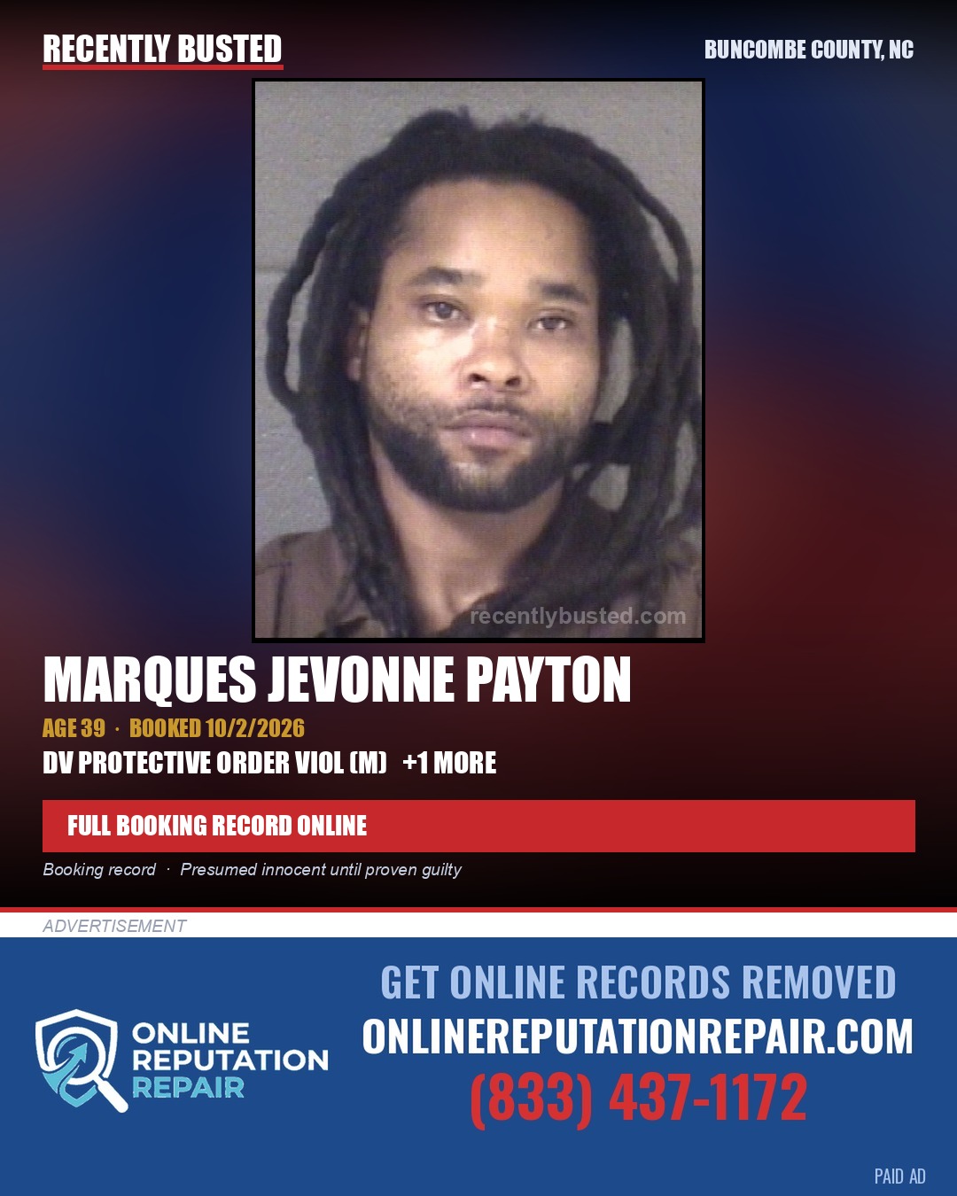 MARQUES JEVONNE PAYTON — arrest record card, Buncombe County, North Carolina