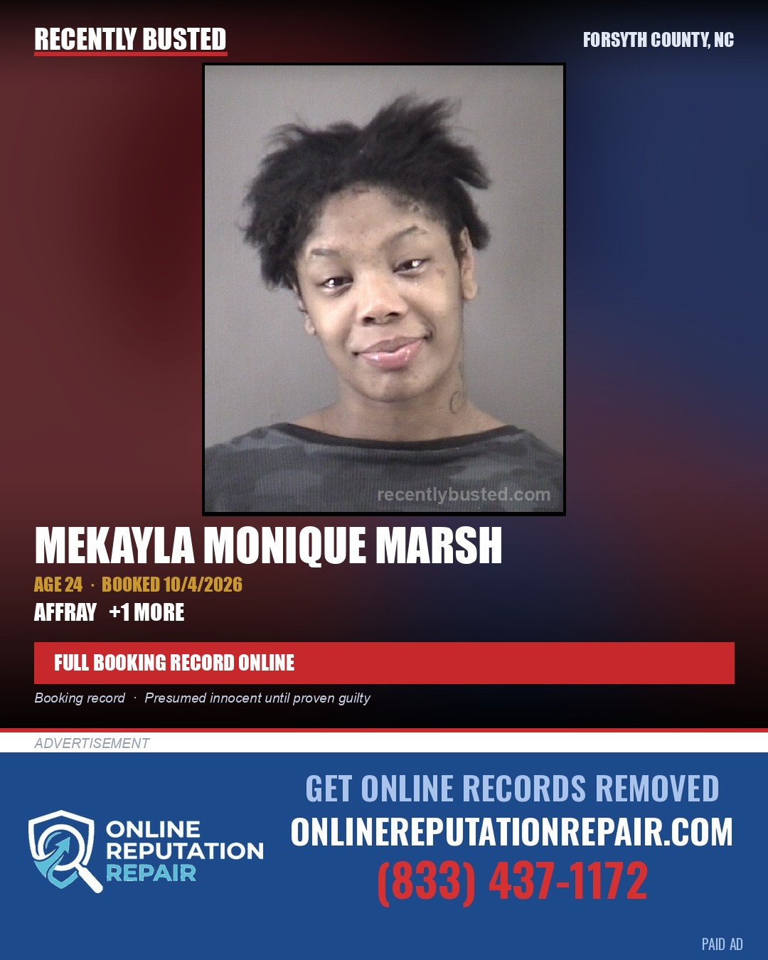 MEKAYLA MONIQUE MARSH — arrest record card, Forsyth County, North Carolina