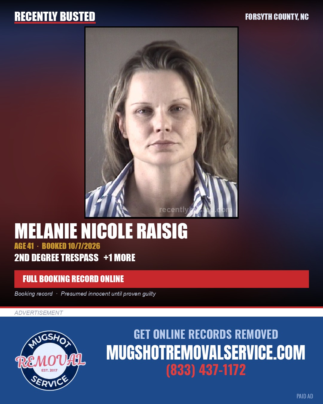 MELANIE NICOLE RAISIG — arrest record card, Forsyth County, North Carolina