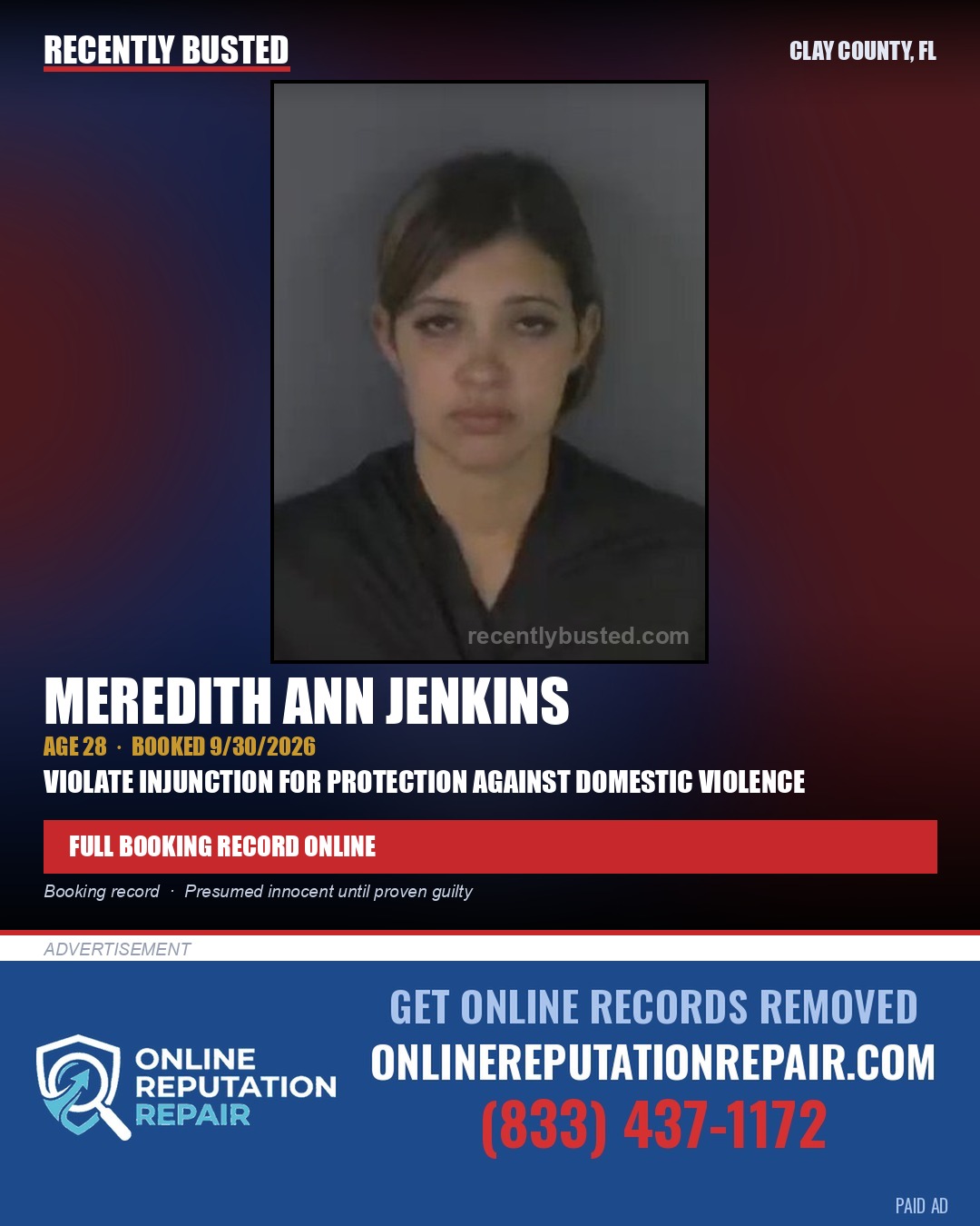 MEREDITH ANN JENKINS — arrest record card, Clay County, Florida
