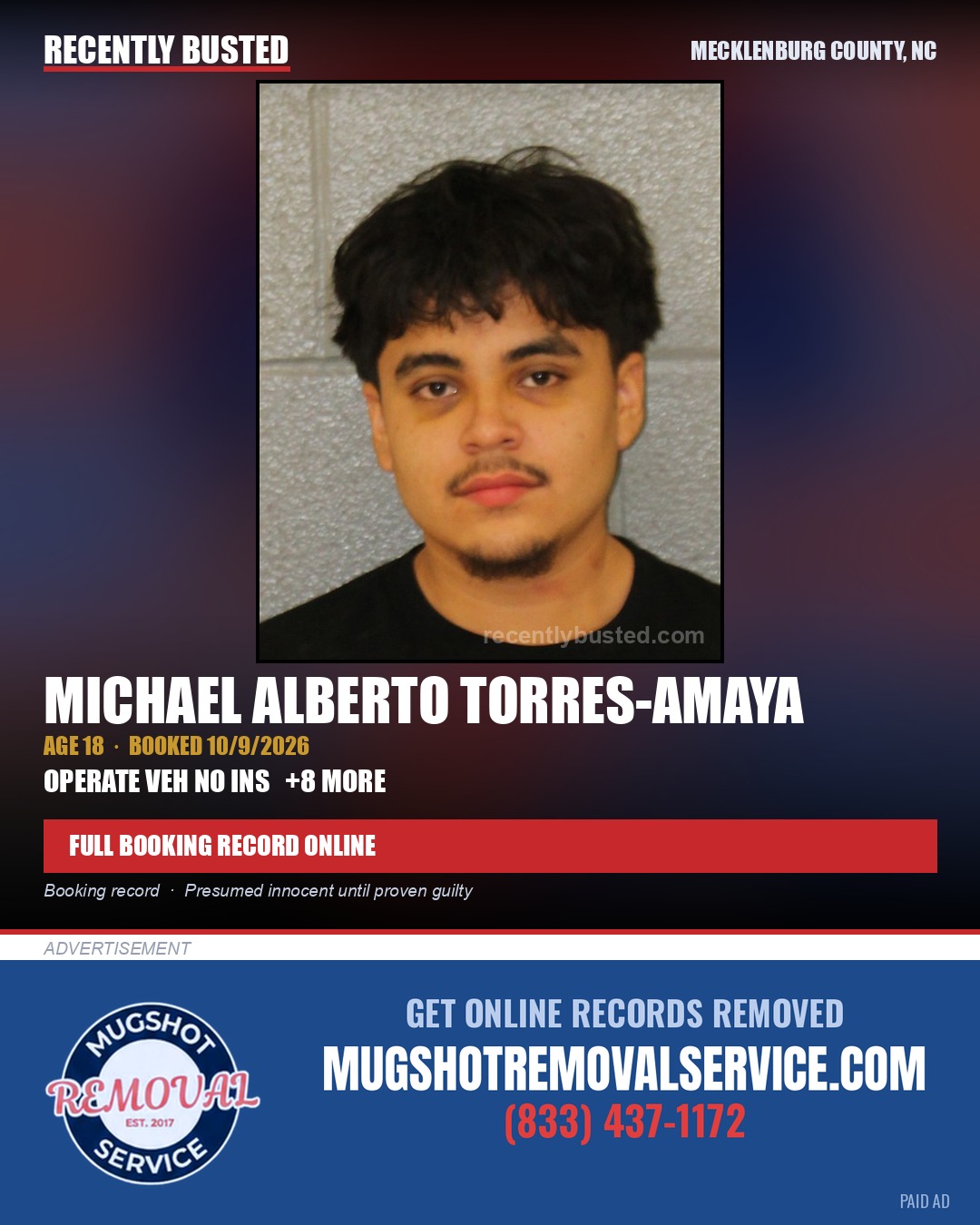 MICHAEL ALBERTO TORRES-AMAYA — arrest record card, Mecklenburg County, North Carolina