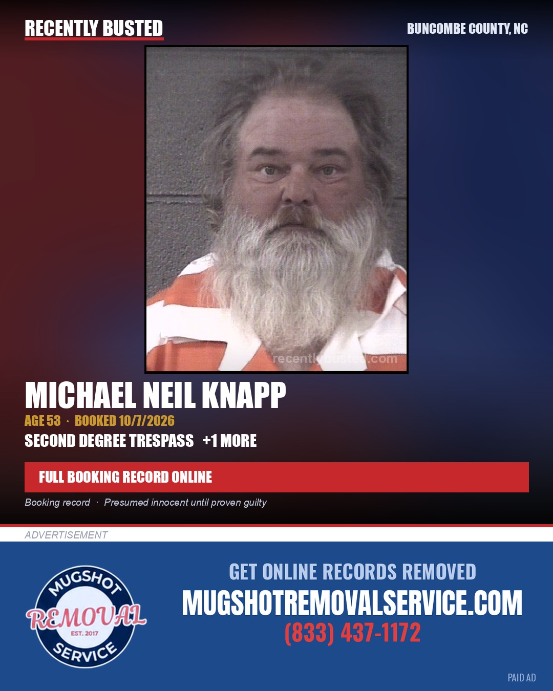 MICHAEL NEIL KNAPP — arrest record card, Buncombe County, North Carolina