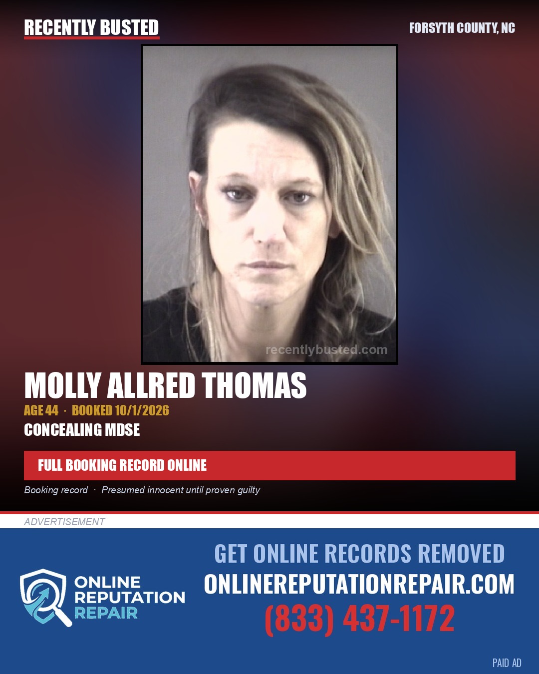 MOLLY ALLRED THOMAS — arrest record card, Forsyth County, North Carolina