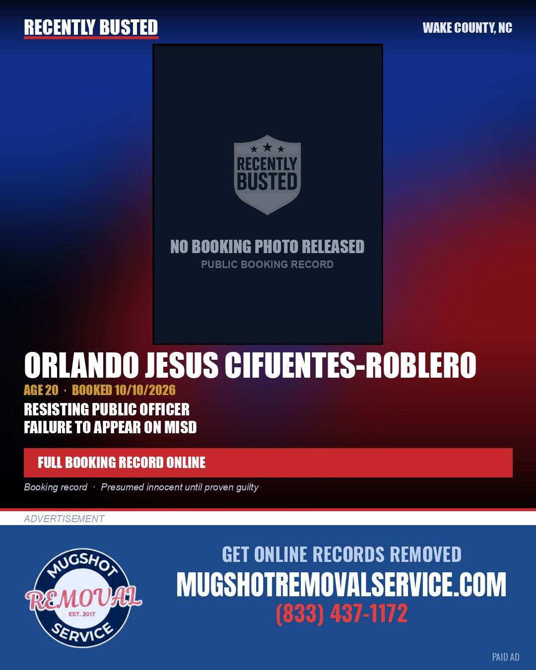 ORLANDO JESUS CIFUENTES-ROBLERO — arrest record card, Wake County, North Carolina