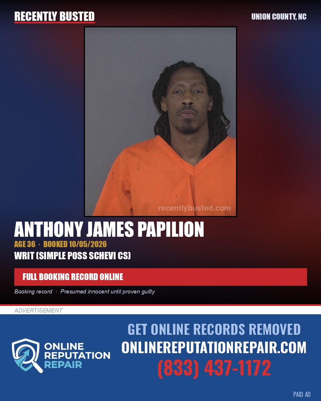 PAPILION, ANTHONY JAMES — arrest record card, Union County, North Carolina