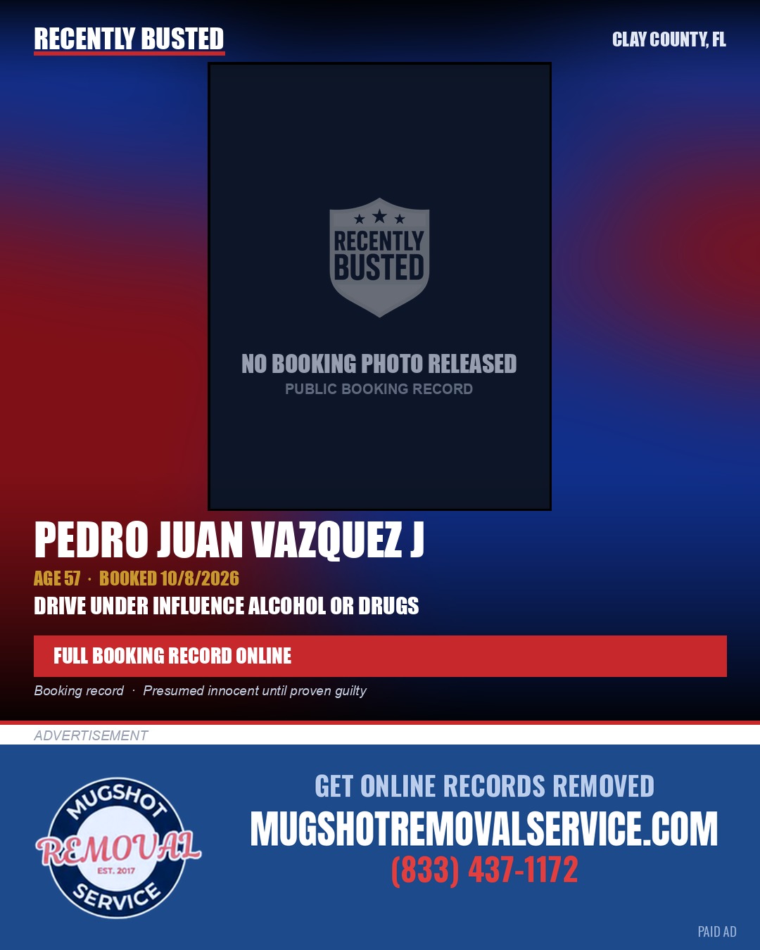 PEDRO JUAN VAZQUEZ J — arrest record card, Clay County, Florida
