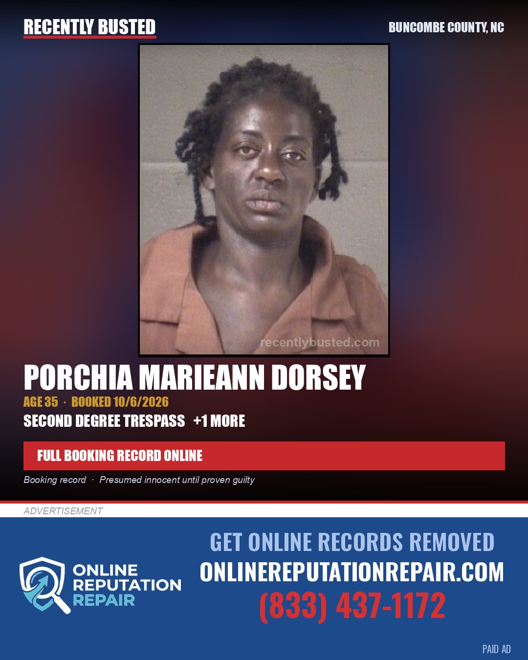 PORCHIA MARIEANN DORSEY — arrest record card, Buncombe County, North Carolina