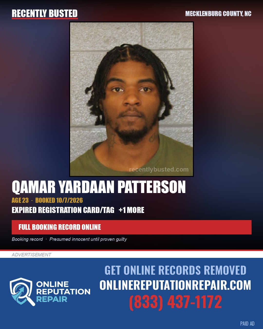 QAMAR YARDAAN PATTERSON — arrest record card, Mecklenburg County, North Carolina