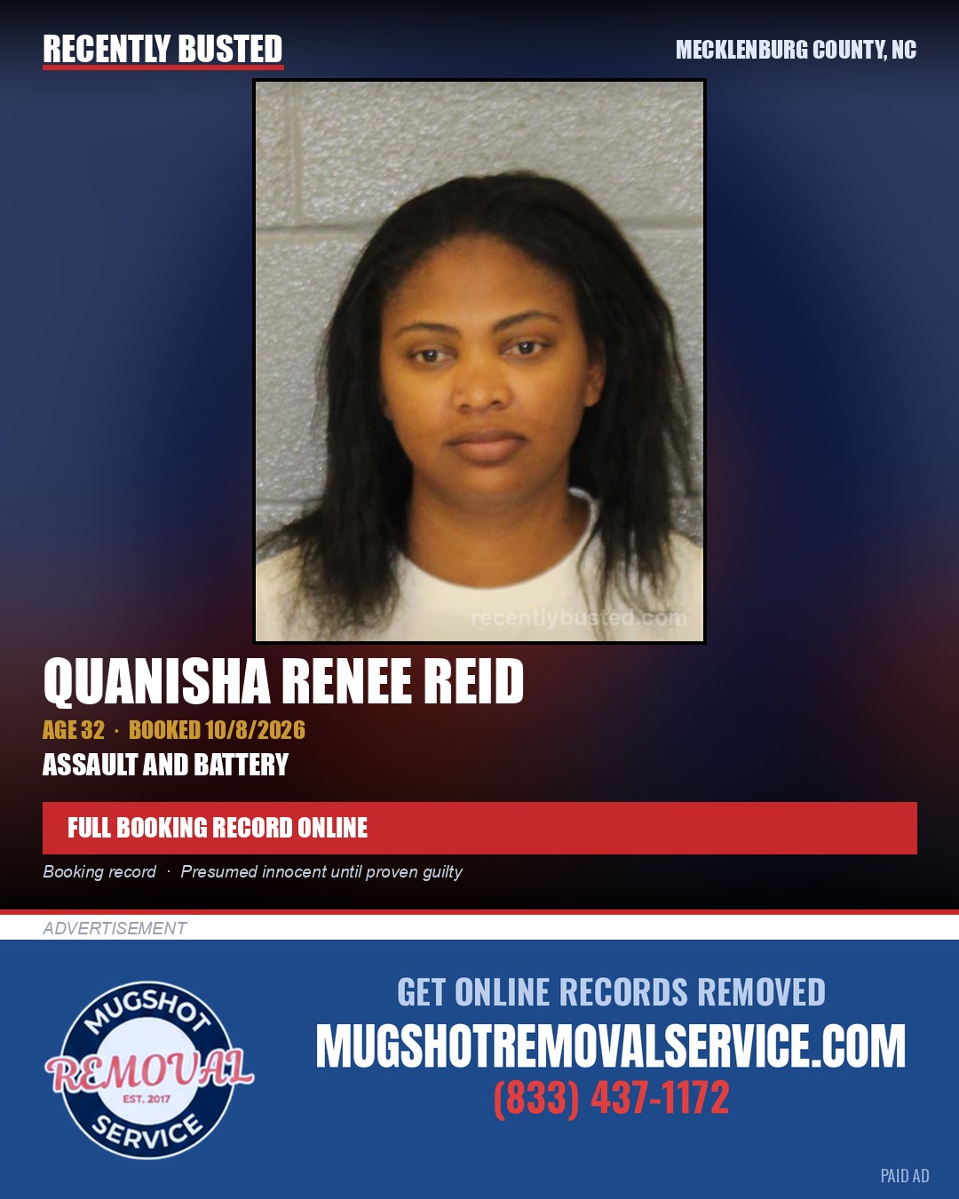 QUANISHA RENEE REID — arrest record card, Mecklenburg County, North Carolina