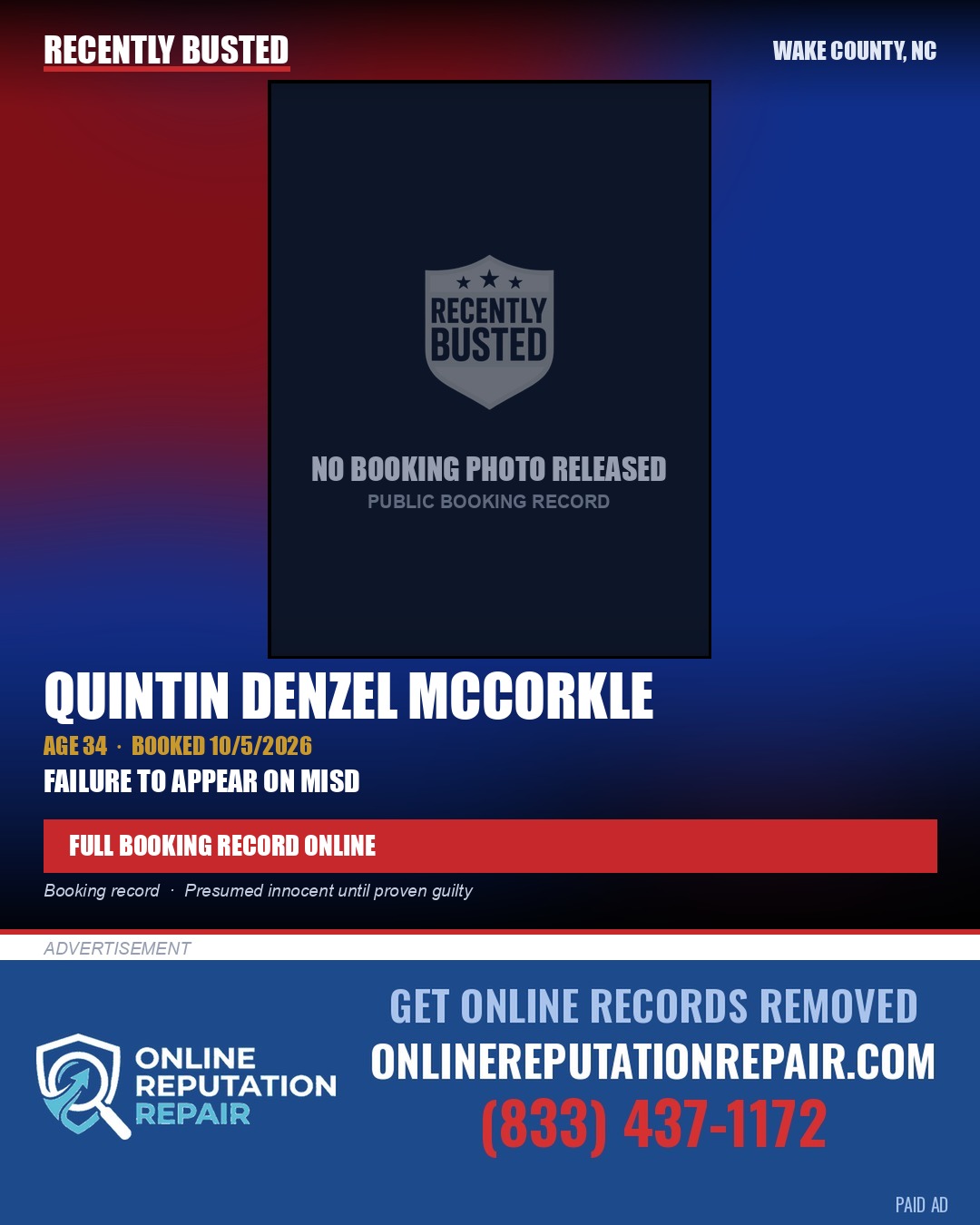 QUINTIN DENZEL MCCORKLE — arrest record card, Wake County, North Carolina