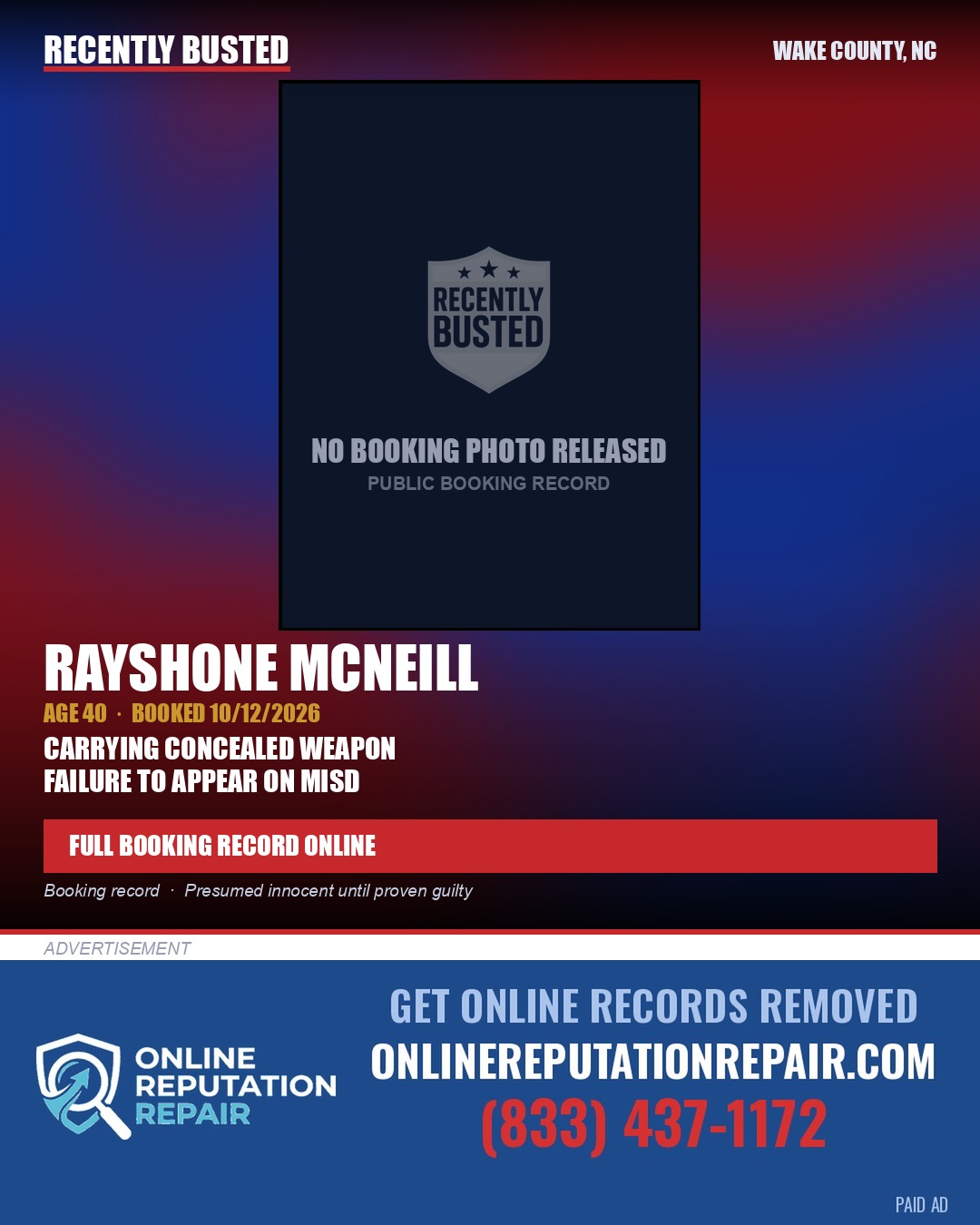 RAYSHONE MCNEILL — arrest record card, Wake County, North Carolina