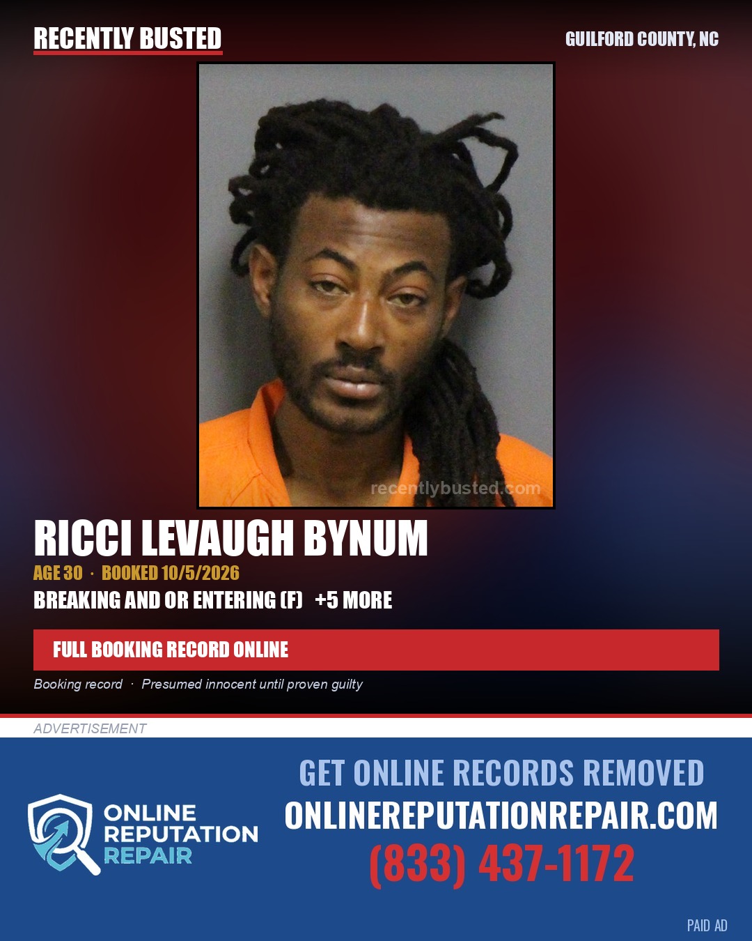 RICCI LEVAUGH BYNUM — arrest record card, Guilford County, North Carolina