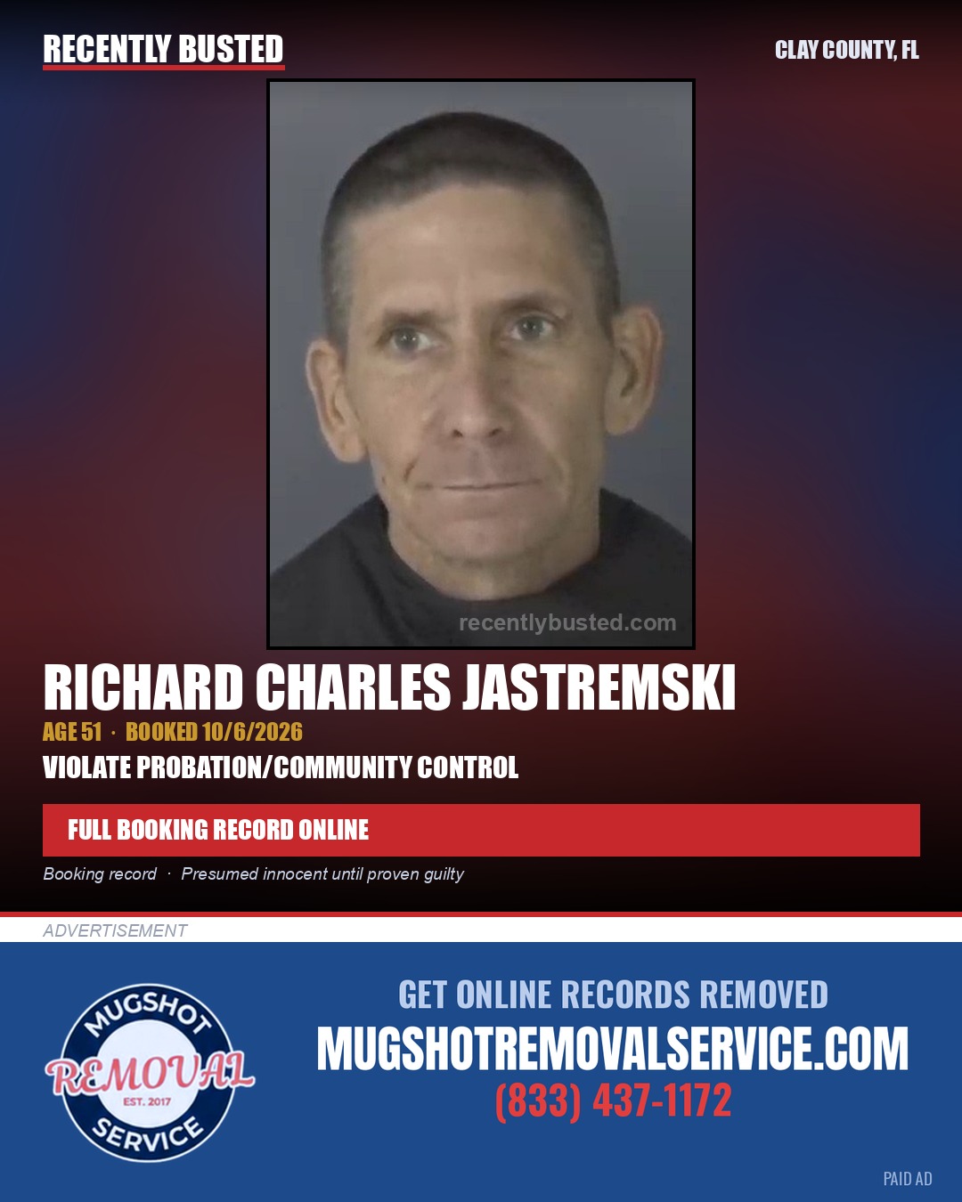 RICHARD CHARLES JASTREMSKI — arrest record card, Clay County, Florida