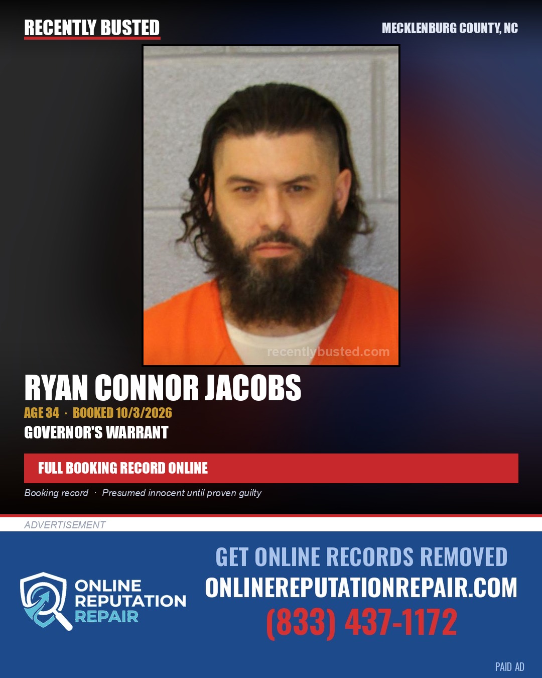 RYAN CONNOR JACOBS — arrest record card, Mecklenburg County, North Carolina