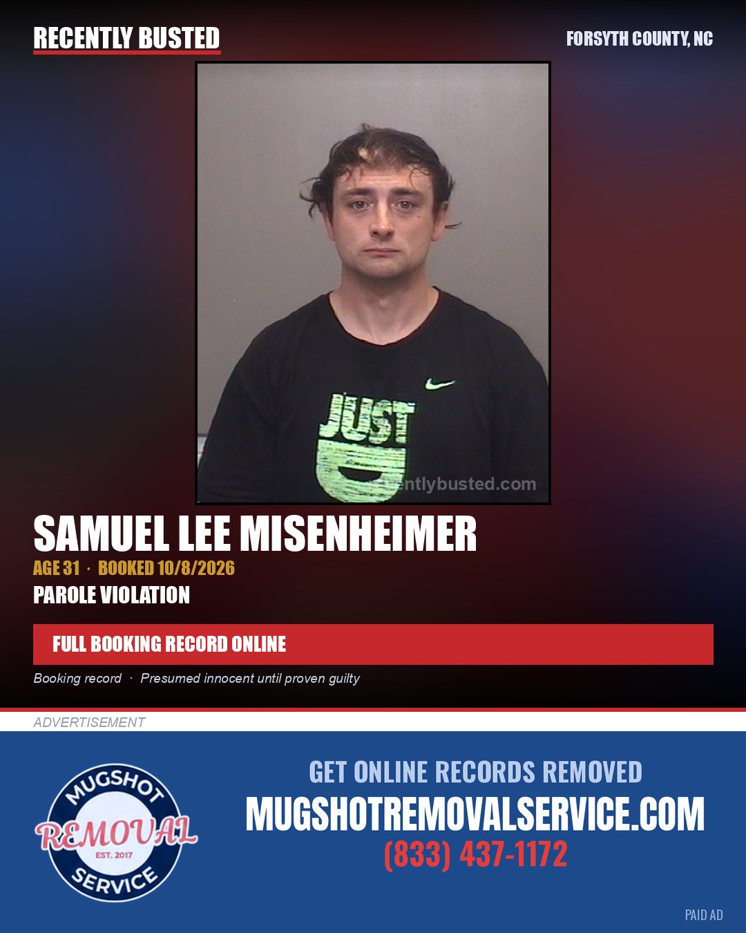 SAMUEL LEE MISENHEIMER — arrest record card, Forsyth County, North Carolina