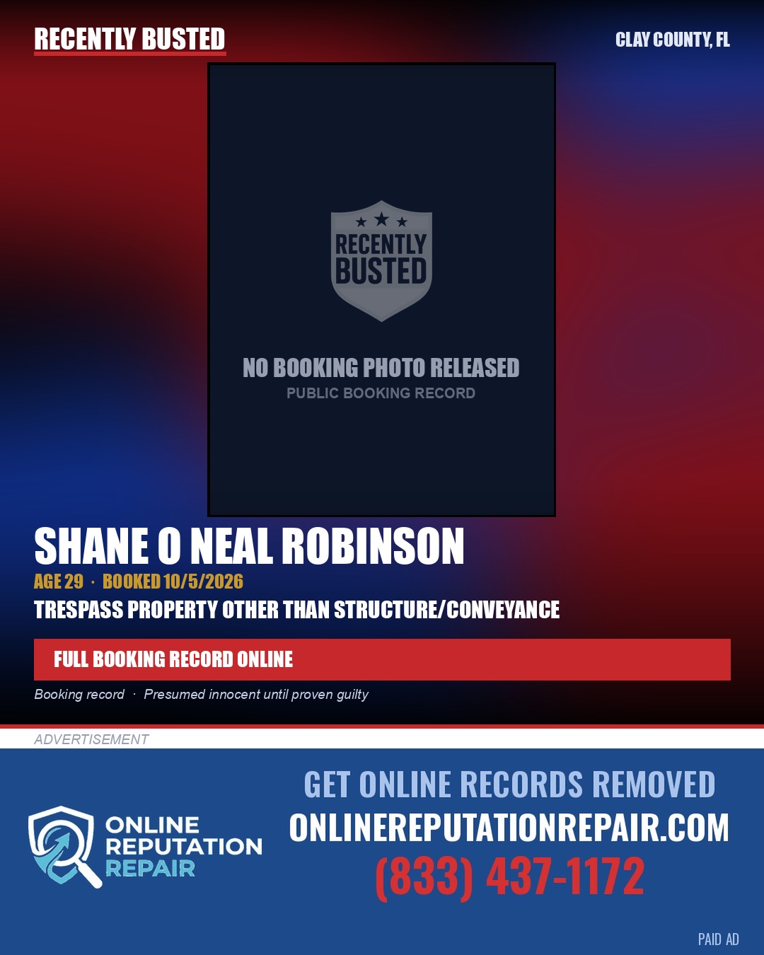 SHANE O NEAL ROBINSON — arrest record card, Clay County, Florida