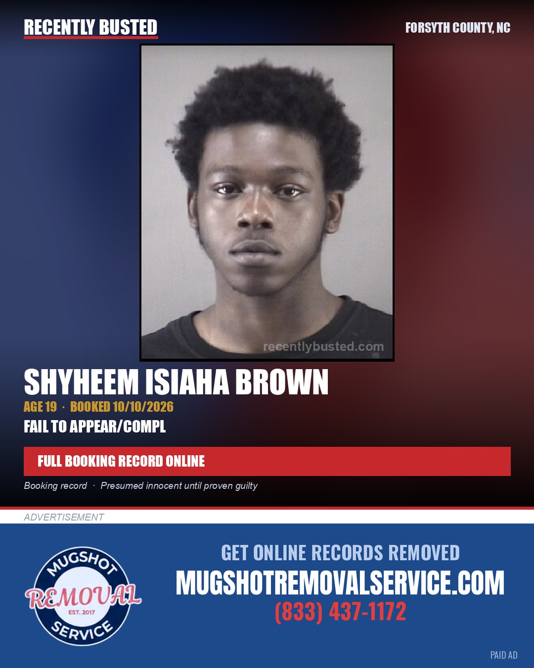 SHYHEEM ISIAHA BROWN — arrest record card, Forsyth County, North Carolina