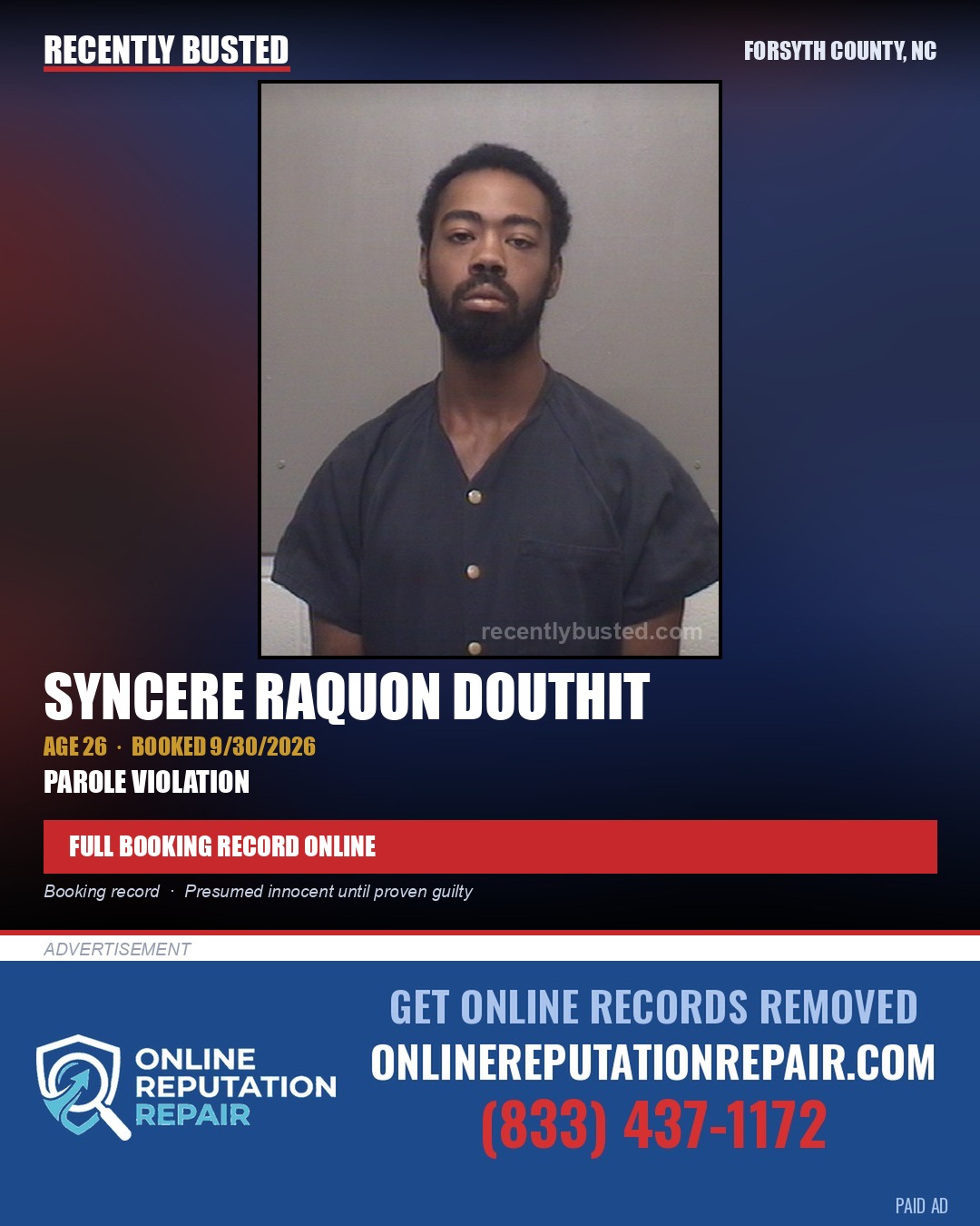 SYNCERE RAQUON DOUTHIT — arrest record card, Forsyth County, North Carolina