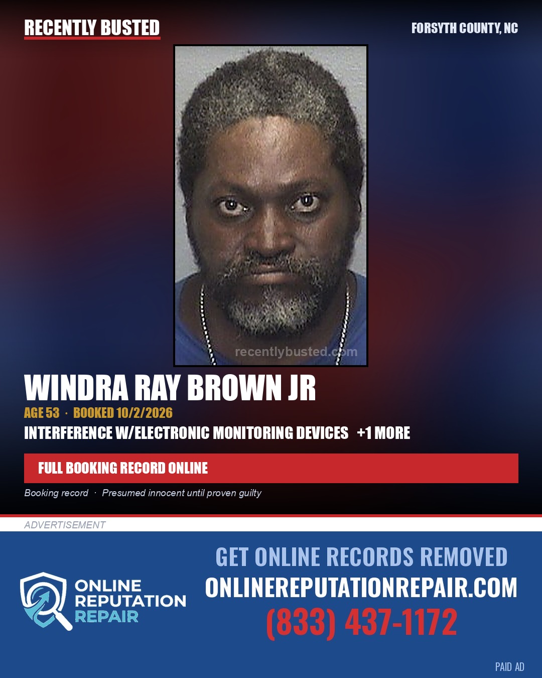 WINDRA RAY BROWN JR — arrest record card, Forsyth County, North Carolina