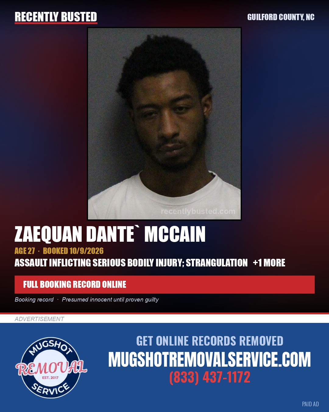 ZAEQUAN DANTE` MCCAIN — arrest record card, Guilford County, North Carolina