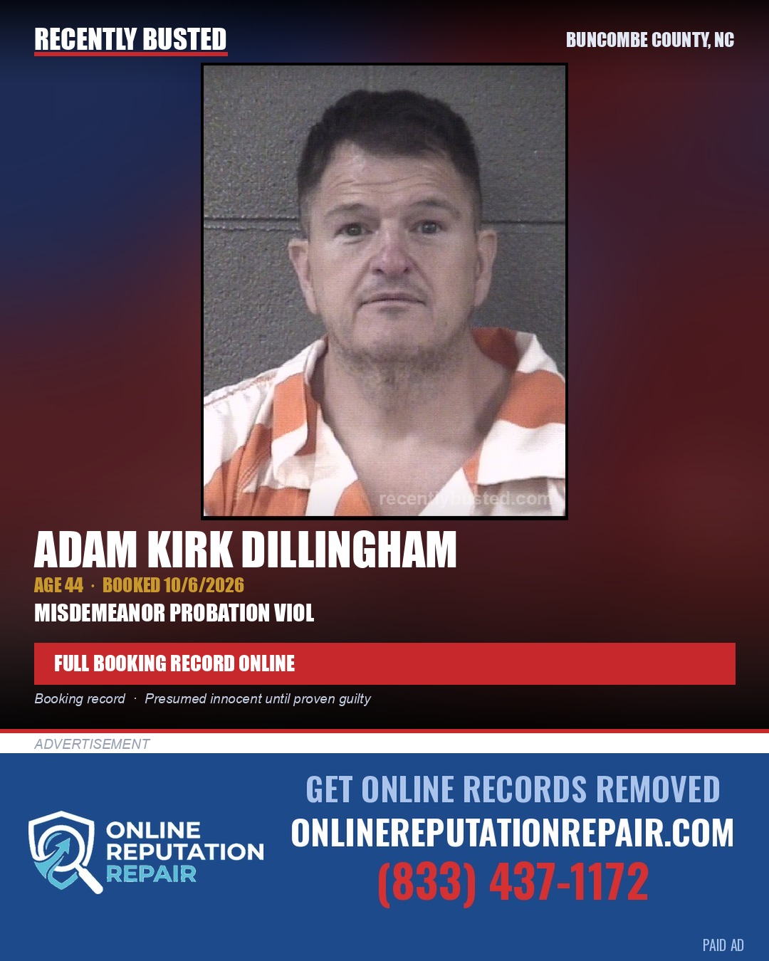 ADAM KIRK DILLINGHAM — arrest record card, Buncombe County, North Carolina