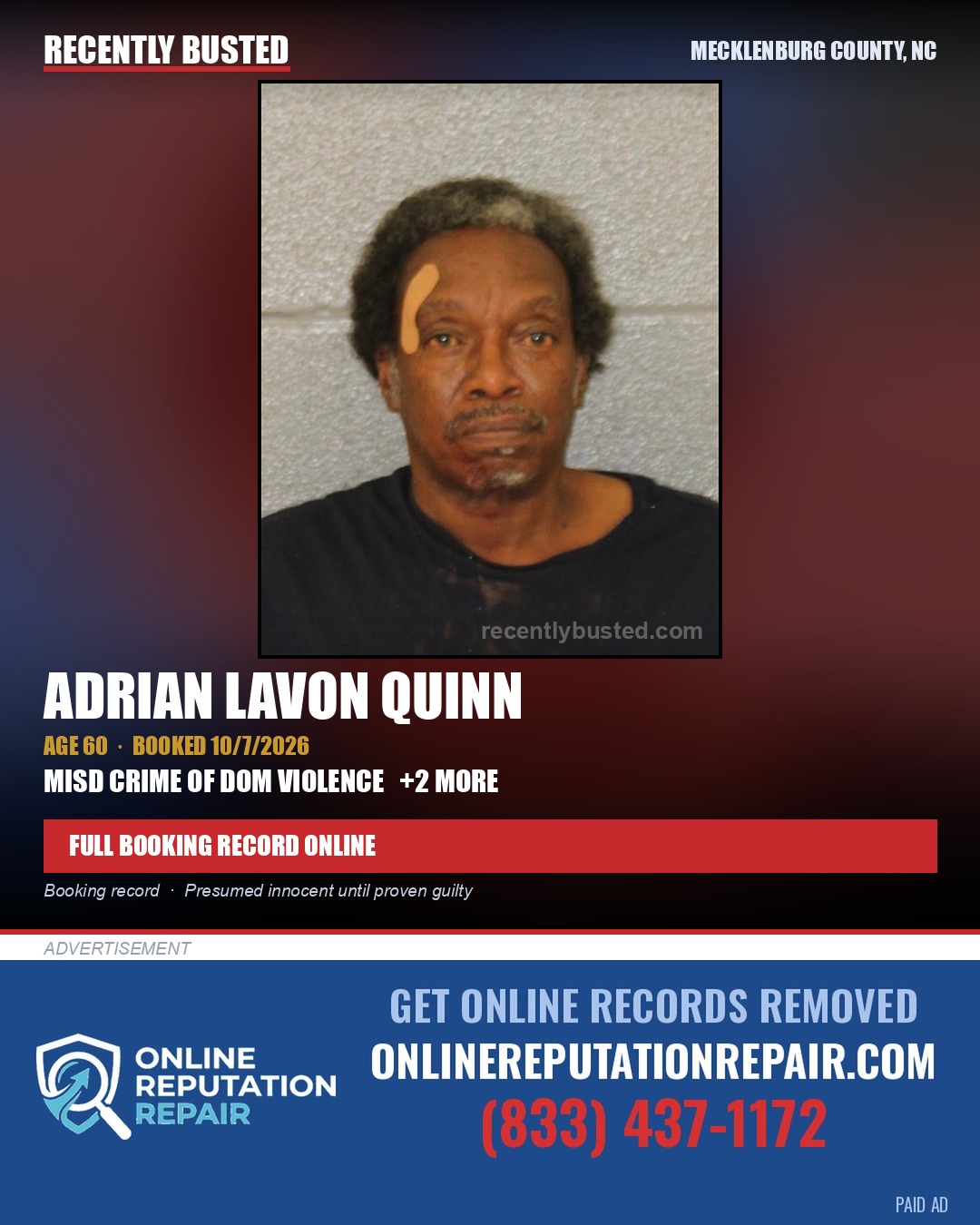 ADRIAN LAVON QUINN — arrest record card, Mecklenburg County, North Carolina