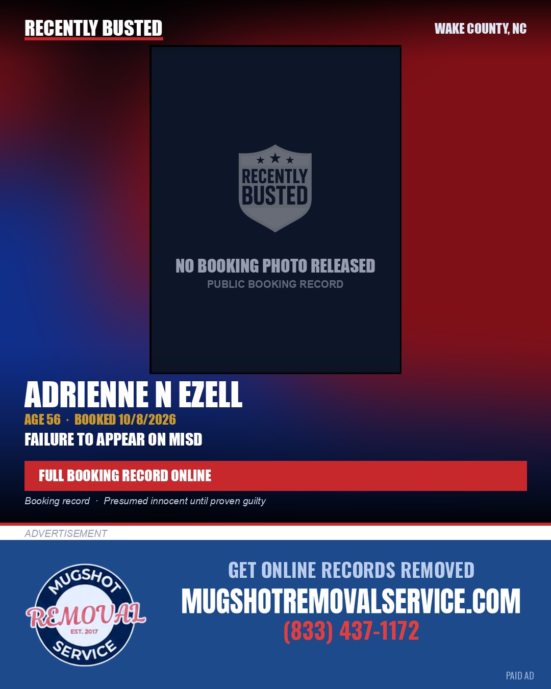 ADRIENNE N EZELL — arrest record card, Wake County, North Carolina