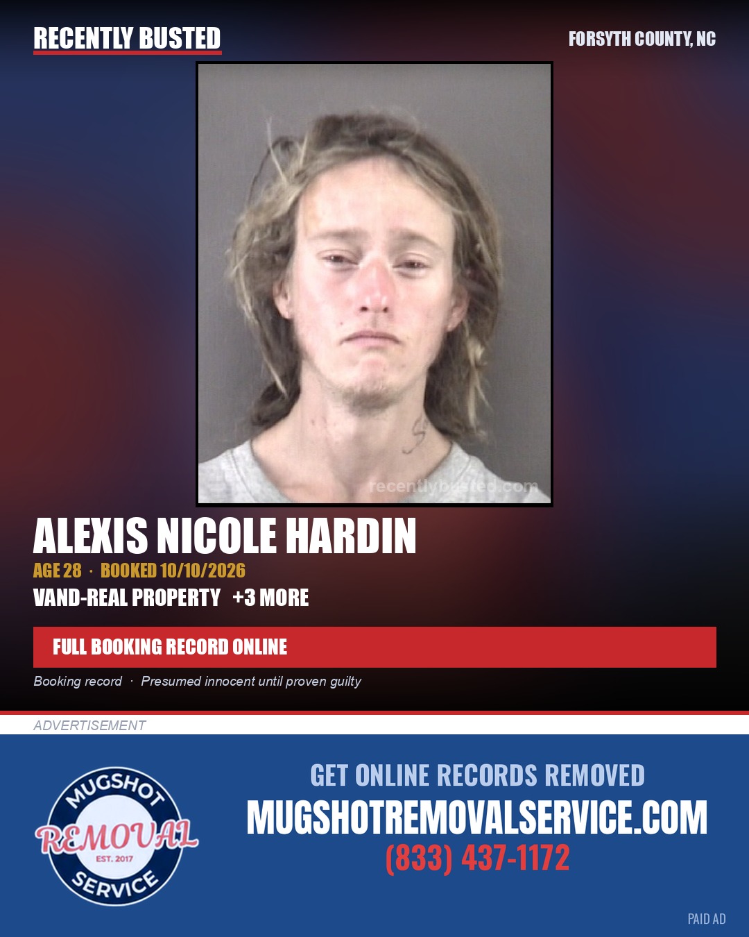 ALEXIS NICOLE HARDIN — arrest record card, Forsyth County, North Carolina