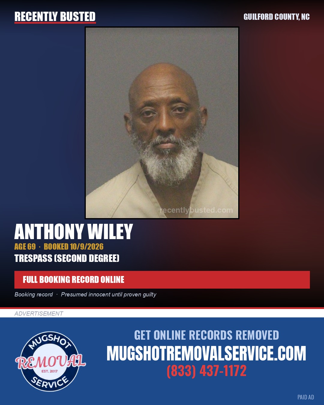 ANTHONY WILEY — arrest record card, Guilford County, North Carolina