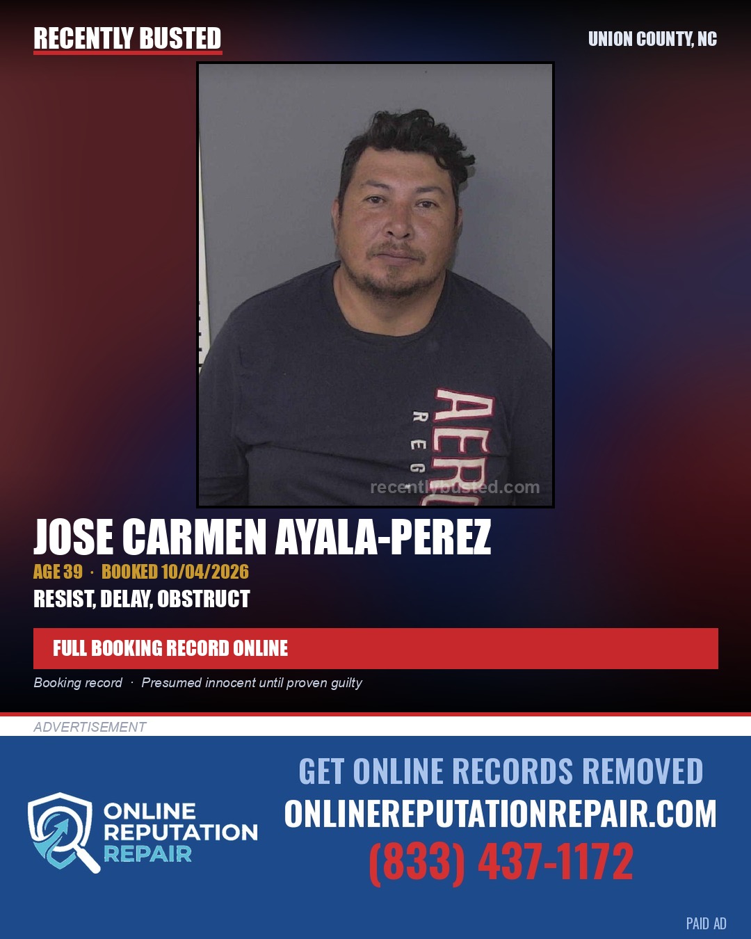 AYALA-PEREZ, JOSE CARMEN — arrest record card, Union County, North Carolina