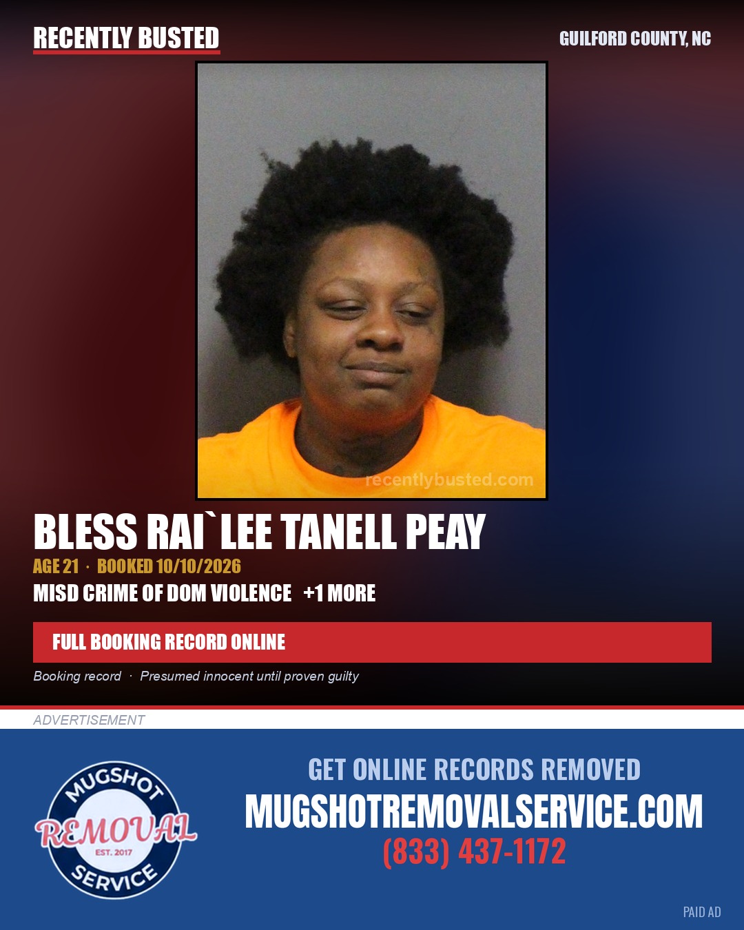 BLESS RAI`LEE TANELL PEAY — arrest record card, Guilford County, North Carolina