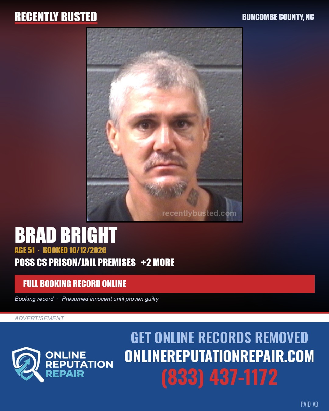 BRAD BRIGHT — arrest record card, Buncombe County, North Carolina