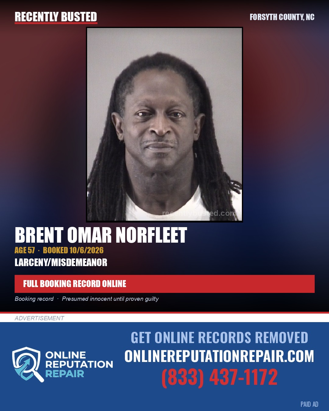 BRENT OMAR NORFLEET — arrest record card, Forsyth County, North Carolina