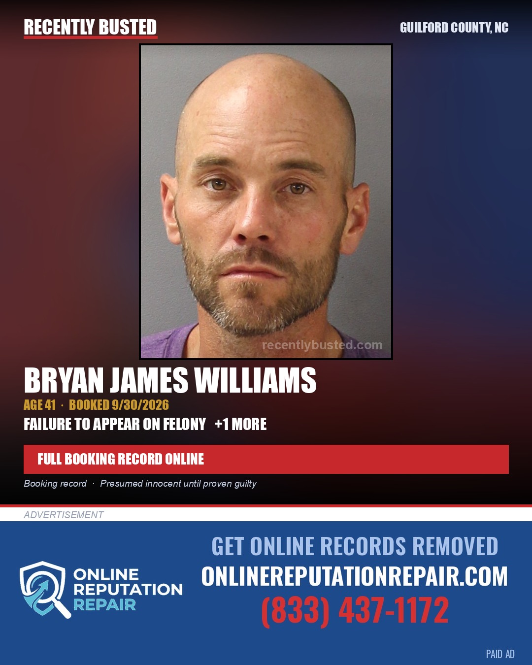 BRYAN JAMES WILLIAMS — arrest record card, Guilford County, North Carolina