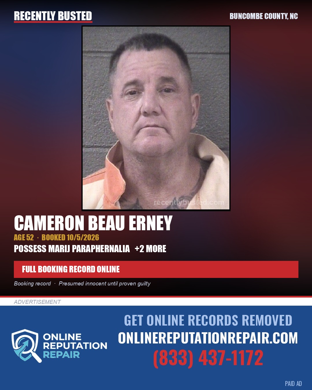 CAMERON BEAU ERNEY — arrest record card, Buncombe County, North Carolina