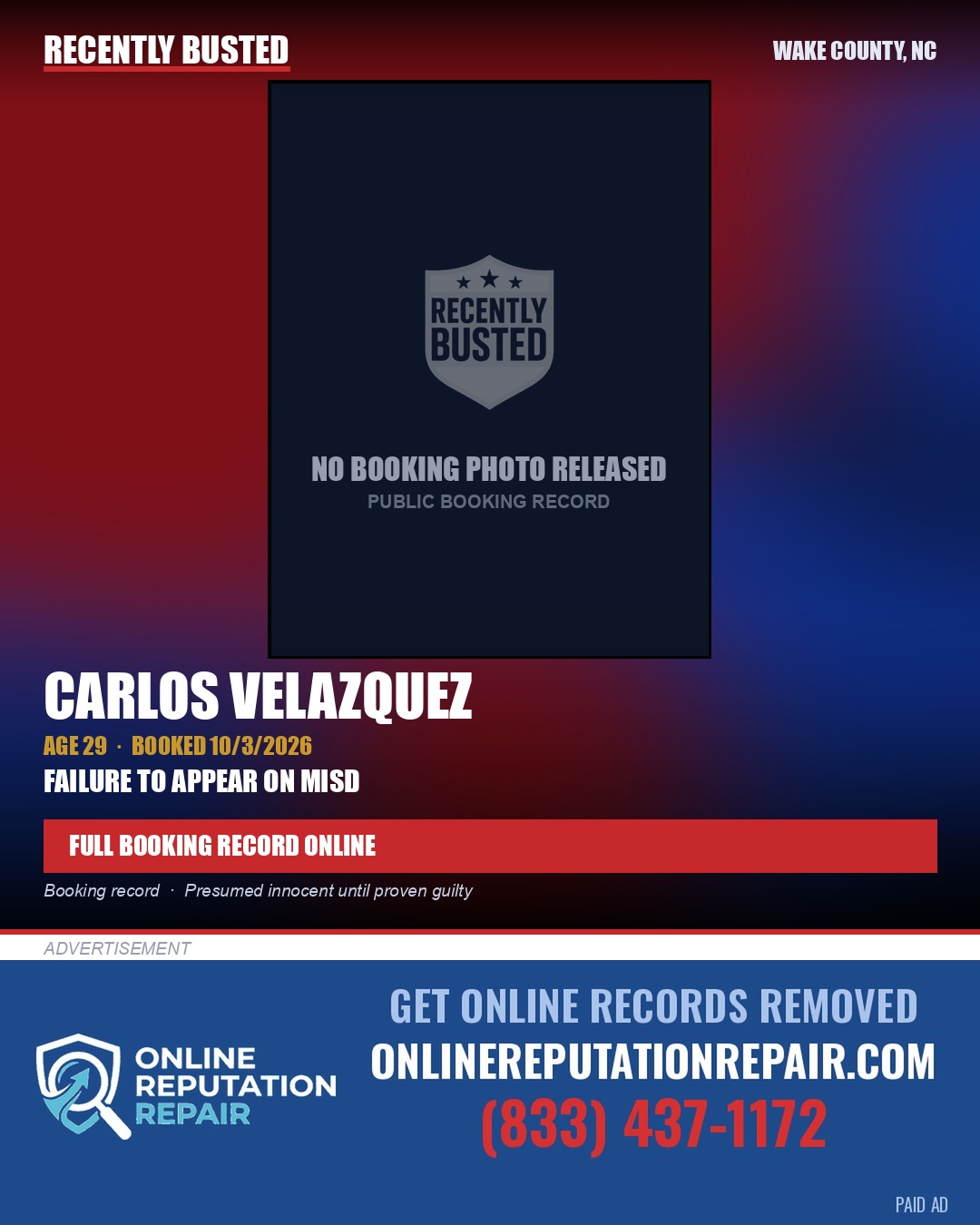 CARLOS VELAZQUEZ — arrest record card, Wake County, North Carolina