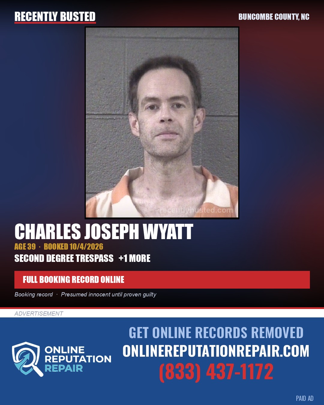 CHARLES JOSEPH WYATT — arrest record card, Buncombe County, North Carolina
