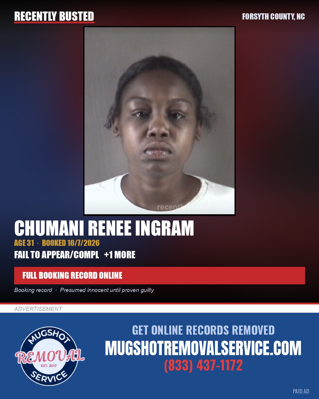 CHUMANI RENEE INGRAM — arrest record card, Forsyth County, North Carolina