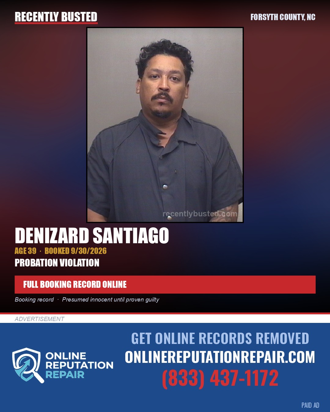 DENIZARD SANTIAGO — arrest record card, Forsyth County, North Carolina
