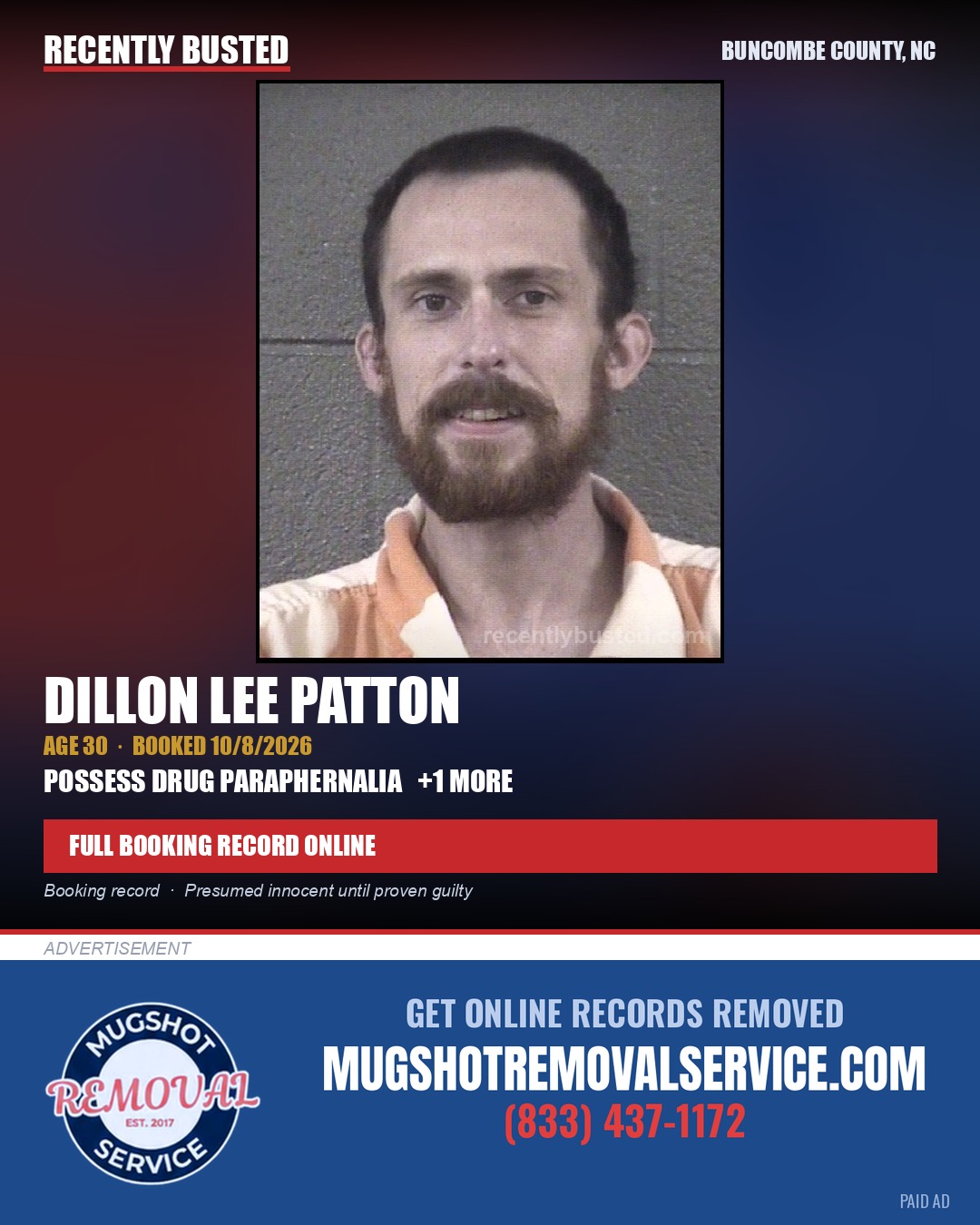 DILLON LEE PATTON — arrest record card, Buncombe County, North Carolina
