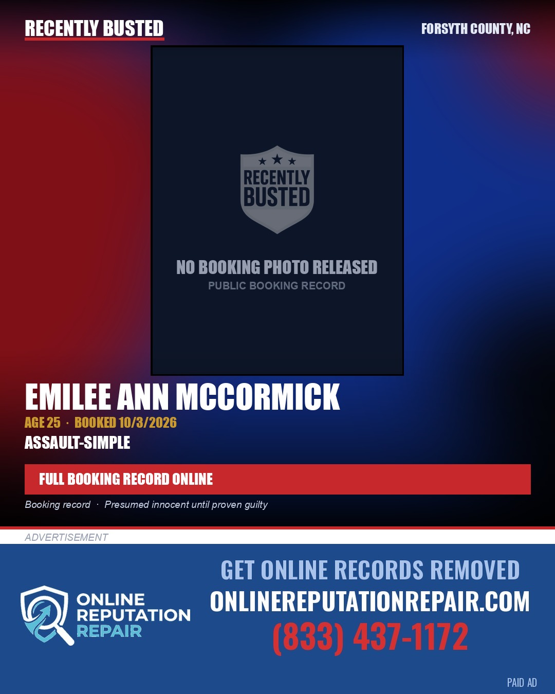EMILEE ANN MCCORMICK — arrest record card, Forsyth County, North Carolina