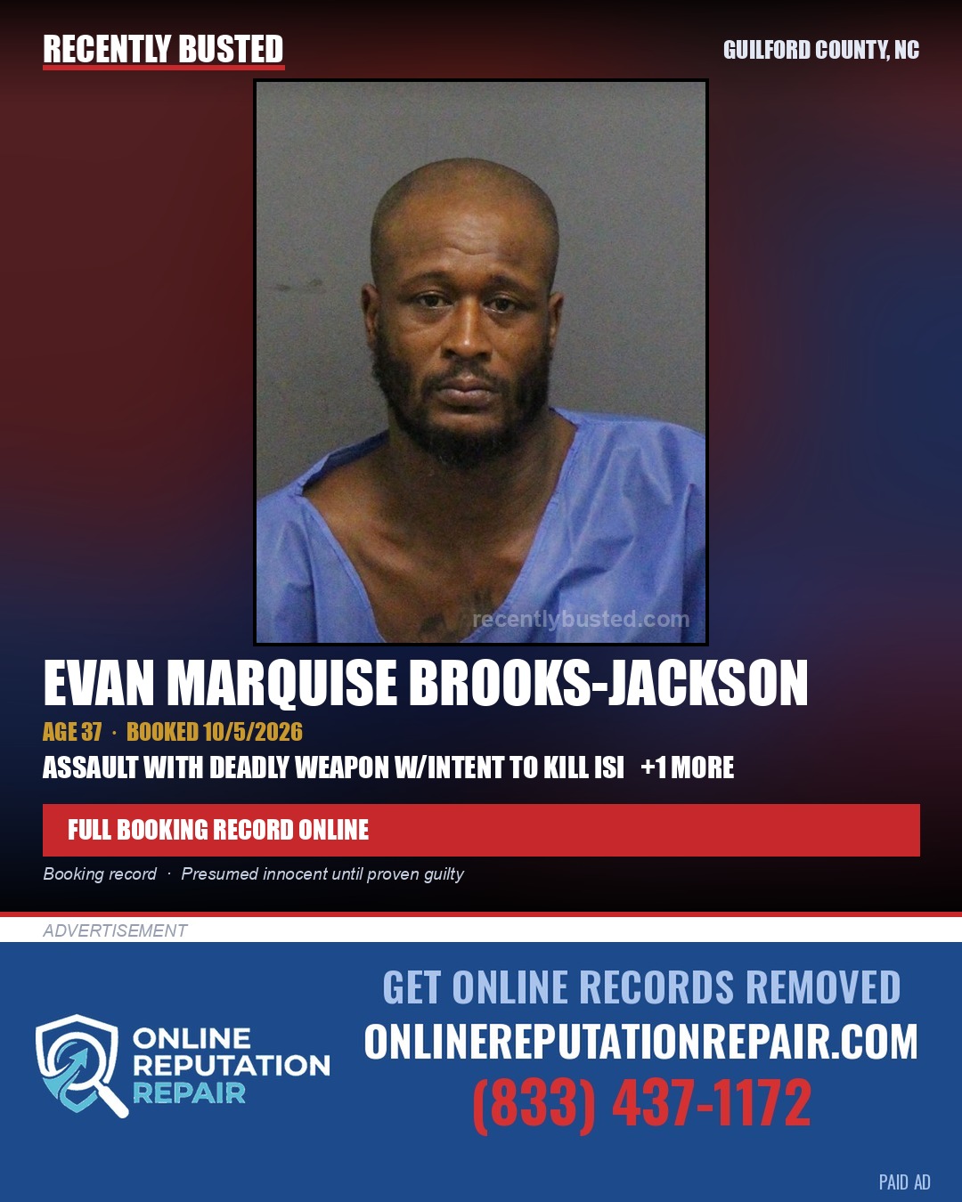 EVAN MARQUISE BROOKS-JACKSON — arrest record card, Guilford County, North Carolina