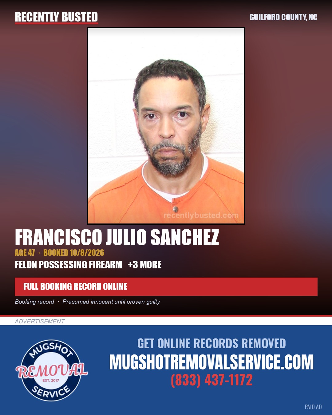 FRANCISCO JULIO SANCHEZ — arrest record card, Guilford County, North Carolina