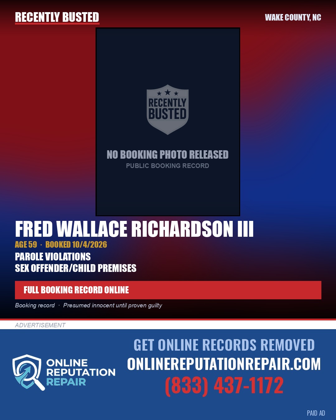 FRED WALLACE RICHARDSON III — arrest record card, Wake County, North Carolina