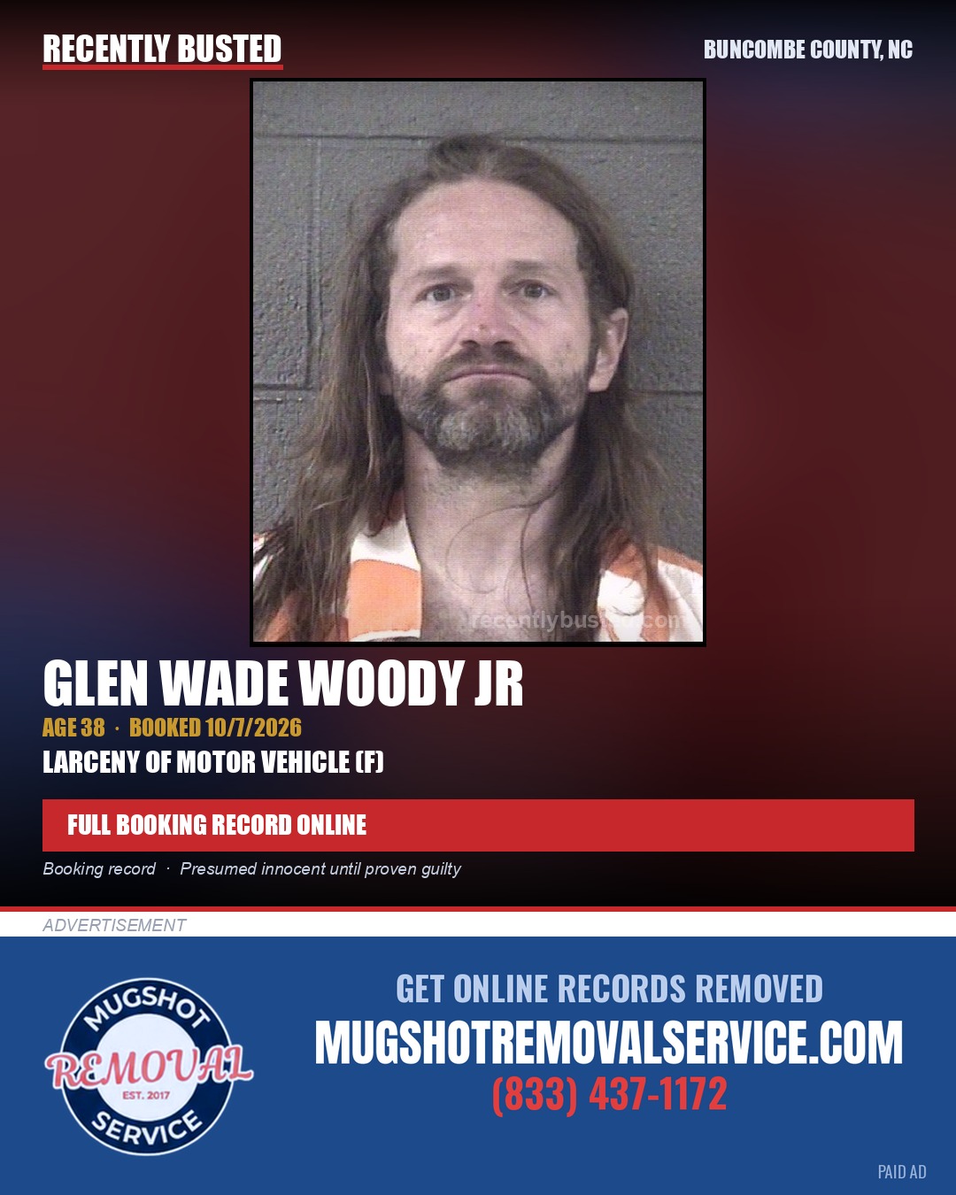 GLEN WADE WOODY JR — arrest record card, Buncombe County, North Carolina