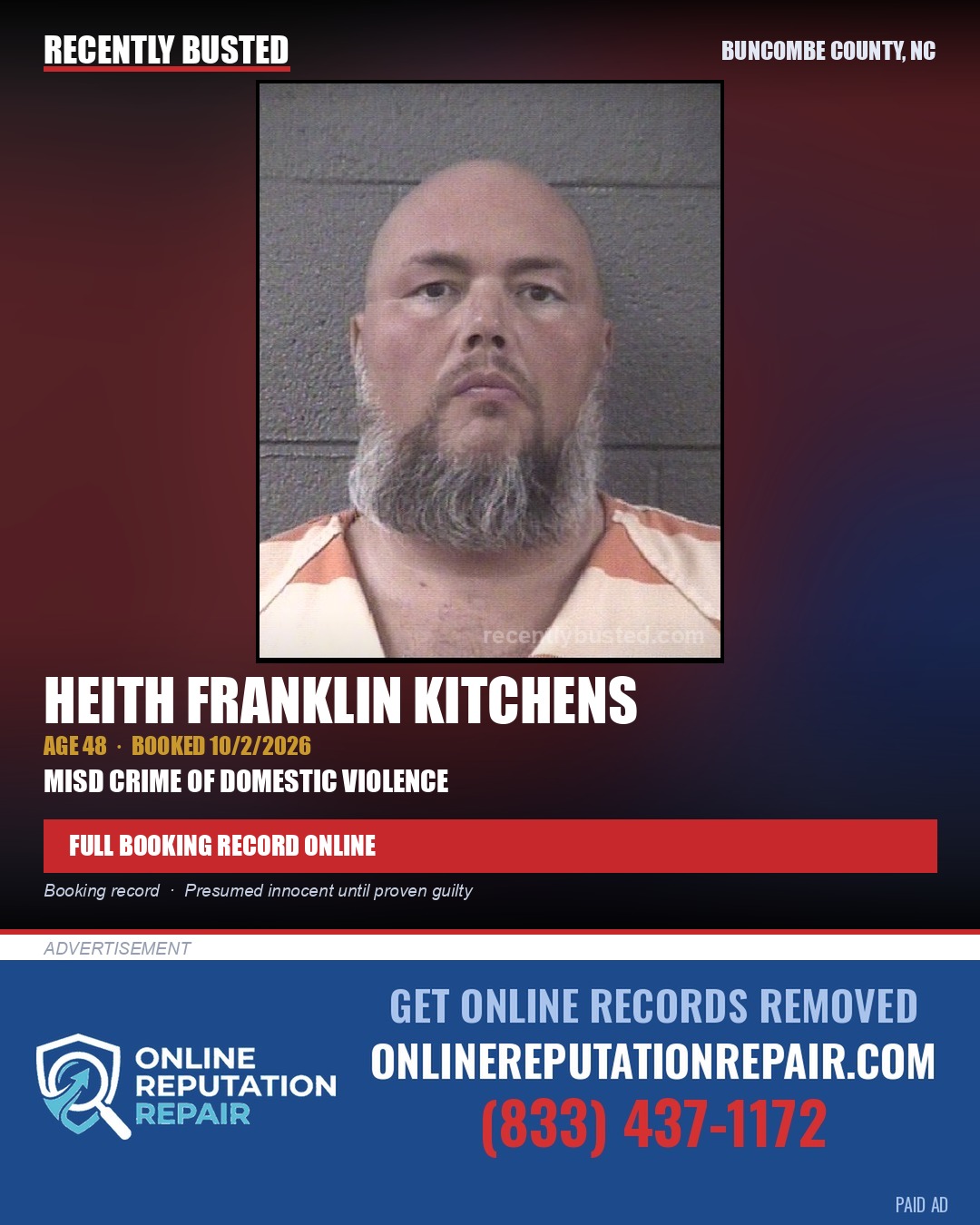 HEITH FRANKLIN KITCHENS — arrest record card, Buncombe County, North Carolina