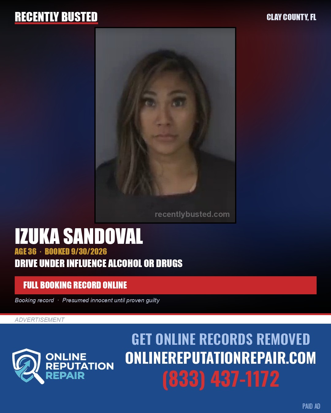 IZUKA SANDOVAL — arrest record card, Clay County, Florida