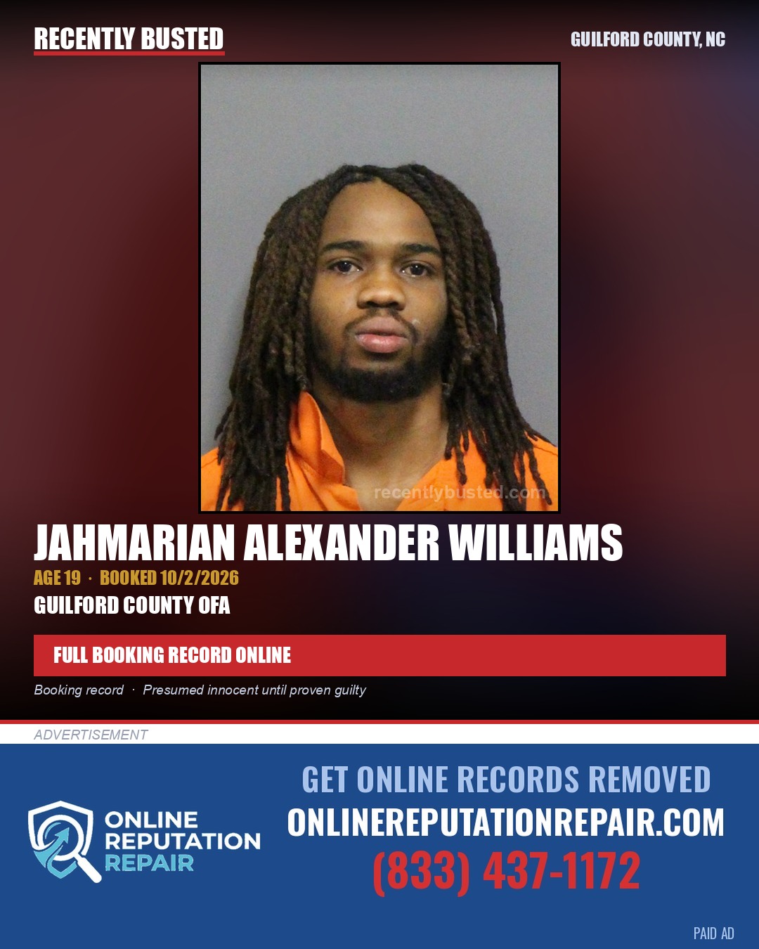 JAHMARIAN ALEXANDER WILLIAMS — arrest record card, Guilford County, North Carolina