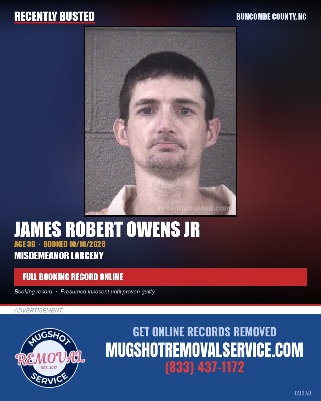 JAMES ROBERT OWENS JR — arrest record card, Buncombe County, North Carolina