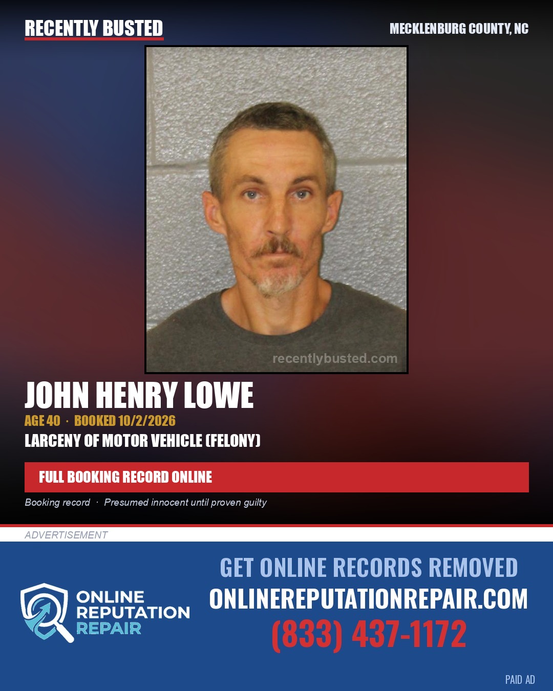 JOHN HENRY LOWE — arrest record card, Mecklenburg County, North Carolina